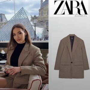 ZARA Houndstooth Oversized Check Blazer Jacket Bloggers Favorite Slits Camel S